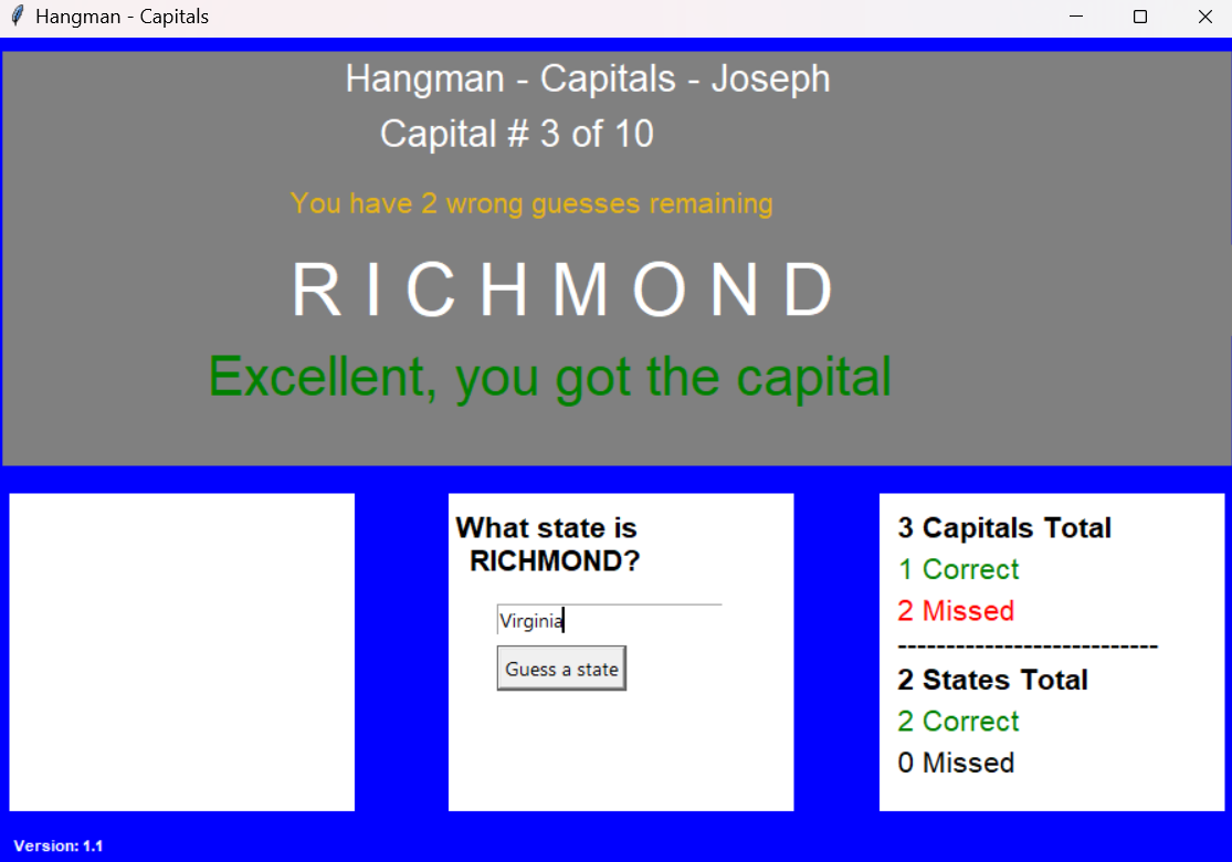 Screenshot of the U.S. Capitals Challenge game