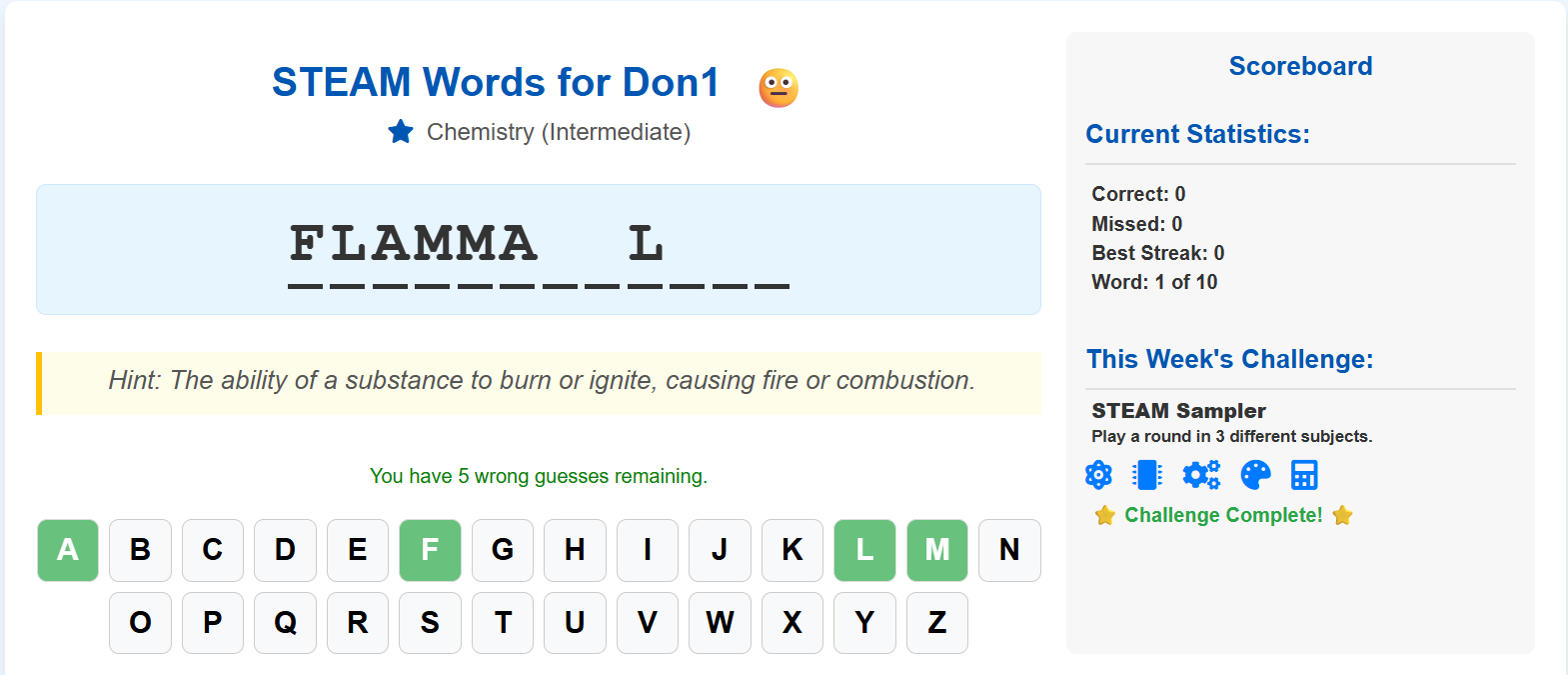 Screenshot of the STEAM Words Spelling Game